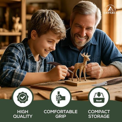 Wood Carving Kit – 29Pcs Whittling Knife Set with 9 Knives, Basswood Blocks w/Carved Guides, Safety Gloves, Whetstone, Stropping Leather & Roll Bag – AMPARIA Premium Tools for Beginner & Professional - Image 6