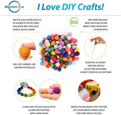 Glaciart One Felt Pom Poms, Wool Balls (240 Pcs) 4 Sizes: 1 cm, 1.5 cm, 2 cm & 2.5 cm, Handmade Felted 60 Color (Red, Pink, Blue, Yellow, Black, Pastel & More), Bulk Small Puff for Felting & Garland - Image 2