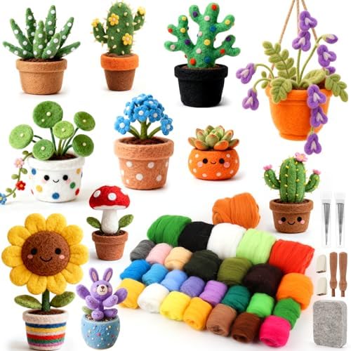 Needle Felting Kit for Beginners, 28 Colors Wool Roving DIY Succulent Plants Craft Set with Felting Needles, Pad & Tools, Wool Felt Kit for Mini Potted Plants Home Decoration & Christmas Gift by WESTBAY