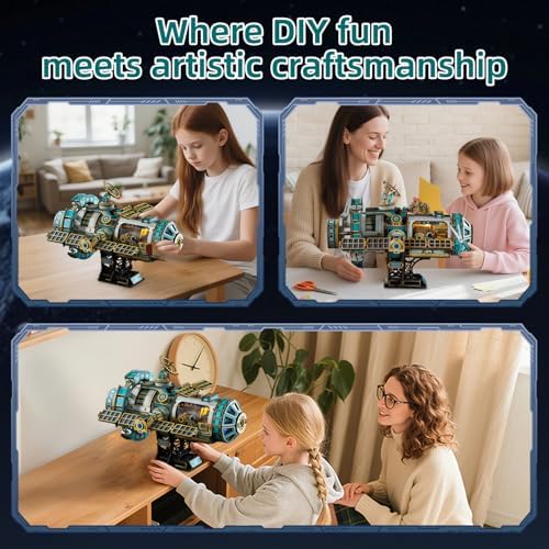 3D Wooden Puzzles International Space Station Model - Collectible Display Model with Interlocking Design, Motorized Solar Panels, Radar & Thrusters, LED Light Effects(Celestigon Station) - Image 6