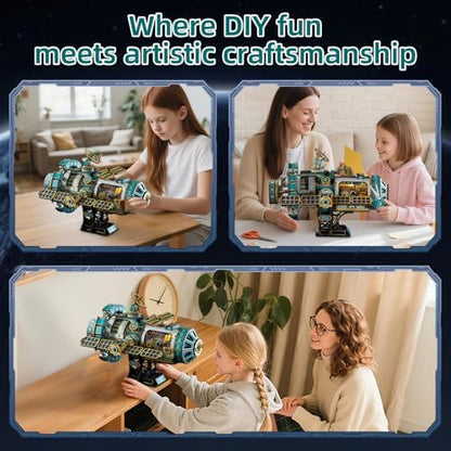 3D Wooden Puzzles International Space Station Model - Collectible Display Model with Interlocking Design, Motorized Solar Panels, Radar & Thrusters, LED Light Effects(Celestigon Station) - Image 6