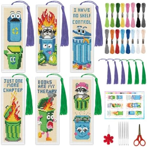 INFUNLY 6 Pcs Funny Trash Can Cross Stitch Bookmark Kit Raccoon Quotes Counted Embroidery Book Mark with Tassels, Complete DIY Cross Stitch Kit Thread Needles Scissors for Reading Gifts by INFUNLY