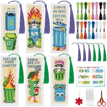INFUNLY 6 Pcs Funny Trash Can Cross Stitch Bookmark Kit Raccoon Quotes Counted Embroidery Book Mark with Tassels, Complete DIY Cross Stitch Kit Thread Needles Scissors for Reading Gifts by INFUNLY