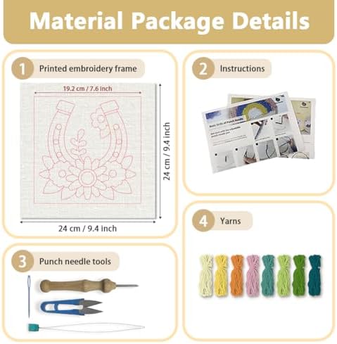 DOODLREAM Floral Horseshoe Needle Kit for Beginner, 9.4"x 9.4" Country Farm Punch Stitching Craft Set, DIY Embroidery Starter with Printed Frame, Instruction, Threader, Yarn, Punch Needle - Image 2