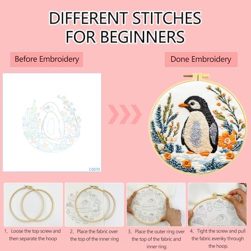 Zhenqing Penguin Embroidery Kit for Beginners, Cute Penguin Needlework Craft with Pre-Printed Cotton Fabric, Hoop, Threads & Tools, Animal Decor (C0070) - Image 3