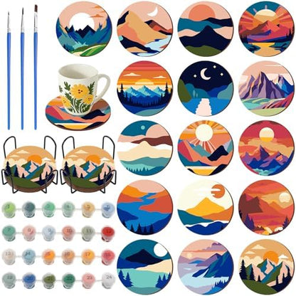 Reallnaive 8 Pcs Mountain Paint by Numbers Kit for Adults Wooden Coasters by Reallnaive
