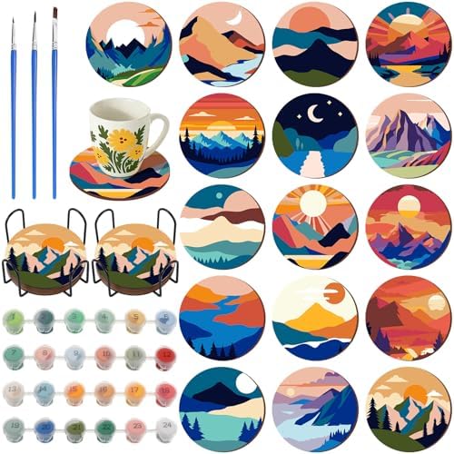 Reallnaive 16 Pcs Mountain Paint by Numbers Kit for Adults Wooden Coasters by Reallnaive