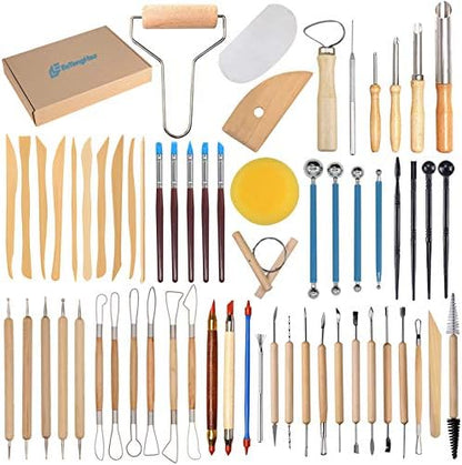 EuTengHao 61Pcs Ceramic Clay Tools Kit Pottery Tools Clay Sculpting Shapers Carving Tool Set Contains Most Essential Wooden Clay Tools for Potters Beginners by EuTengHao