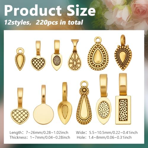 PH PandaHall 220pcs 12 Styles Golden Jewellery Bails Glue on Bails Pendant Bail Alloy Flat Pad Bail Tibetan Style Pendant Connectors for Earrings Necklace Jewellery Making 8~26mm - Image 4