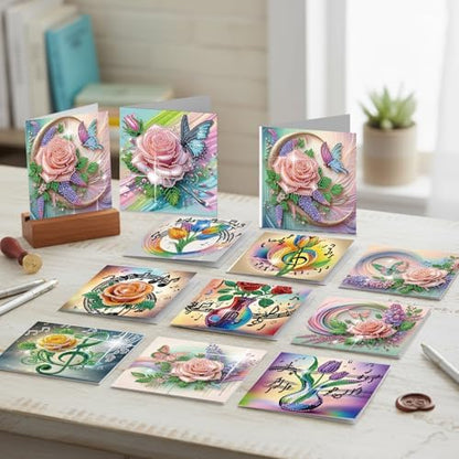 jinglinhh 12pcs Diamond Art Painting Romantic Rose Tulip Flower Bouquet Musical Notes Greeting Cards with Envelopes, DIY Card Making Kits for Adults, Diamond Art Postcards Christmas Cards Craft Gifts - Image 5