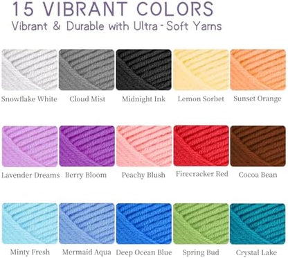 JC CRAFT Beginner Crochet Kit – 81 Piece Starter Set with 15 Colorful Yarns, Ergonomic Hooks, Complete Supplies, White Tote Bag, Accessories Case, Guide Book & Online Video Lessons - Image 6