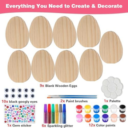 Easter Egg Painting Kit, DIY Craft Kit with 9 Blank Wooden Eggs, Unfinished Standing Wood Ornaments to Paint for Adults Family, Spring Home Decor Table Centerpiece Easter Party Supplies - Image 4
