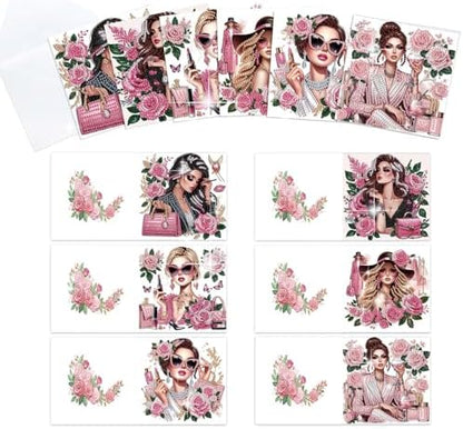 antor 6 Pack 5D Diamond Painting Greeting Cards, Elegant Woman with Floral Design DIY Diamond Art Cards with Envelopes, Handmade Rhinestone Birthday Wedding Thank You Cards for Adults by antor