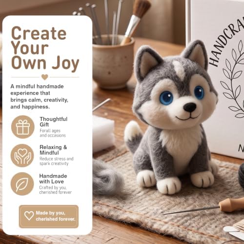 FACE N FACE DIY Needle Felting Kit Cute Husky Puppy – Needle Felting Starter Kit with Fiber Roving, Needles, Felting Pad & Instructions | Felted Animal Dog Kit for Beginners Adults | DIY Craft Gift - Image 2