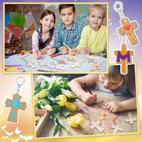 Trnayi 36 Pcs Religious Cross Wood Keychain Color Your Own DIY Craft - Image 4