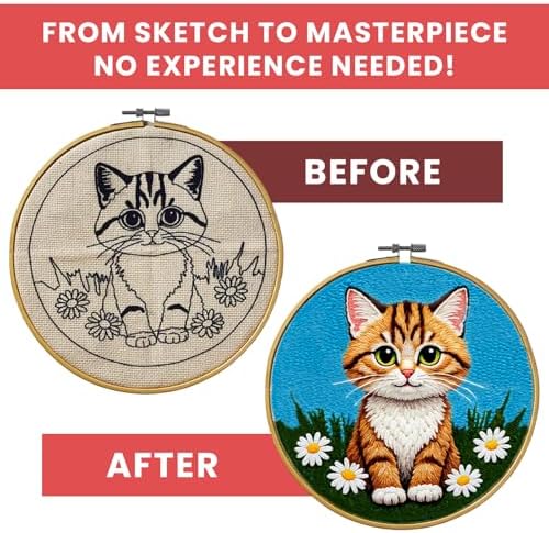 Eflin Punch Needle Kits Adults Beginner - Needlepoint Kits for Adults, Cute Cat & Daisy Pattern, Natural Bamboo Hoop, Yarns, Tools, Craft Kits for Beginners, Rare Gift for Crafts, Decors, Festivals - Image 4