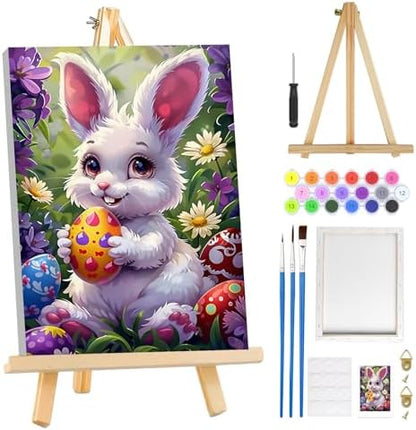 MOGTAA Easter Bunny Paint by Numbers Kit for Adults Beginners with Frame, Easter Eggs Adult Paint by Number Kits on Canvas with Easel, Easy DIY Flowers Oil Painting Kits for Home Decor, 8x12in by MOGTAADIYHomeDecor