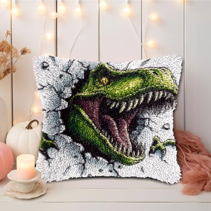 DIY Latch Hook Pillow Kits Green Dinosaur Printed Pillowcase Crochet Yarns Hooking Handmade Pillow Cover Cushion for Home Sofa Decoration 17x17inch-6 - Image 5