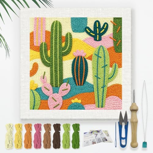DOODLREAM Desert Cactus Needle Kit for Beginner, 9.4"x 9.4" Desert Plant Punch Stitching Craft Set, Western DIY Embroidery Starter with Printed Frame, Instruction, Threader, Yarn, Punch Needle by Doodlream