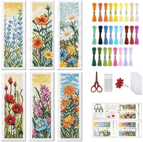 FREEBLOSS 6 Set 11CT Cross Stitch Bookmark Kit 8x2.4inch Wild Flowers by FreeandCreativeCraftsArt