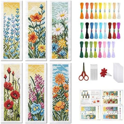 FREEBLOSS 6 Set 11CT Cross Stitch Bookmark Kit 8x2.4inch Wild Flowers by FreeandCreativeCraftsArt
