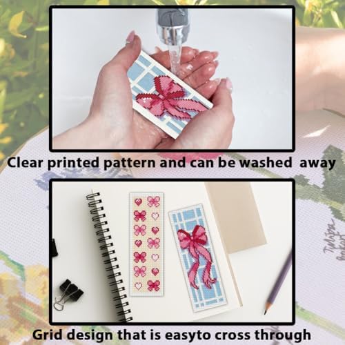 ACRNIGHEET 6PCS Cross Stitch Bookmark Kit for Beginner Cute Pink Bow Stamped Cross Stitch Kits Needlepoint Kit for Adults DIY Tassel Embroidery Bookmark Kits with Instructions Craft Gift 8.5"x3" 11CT - Image 3