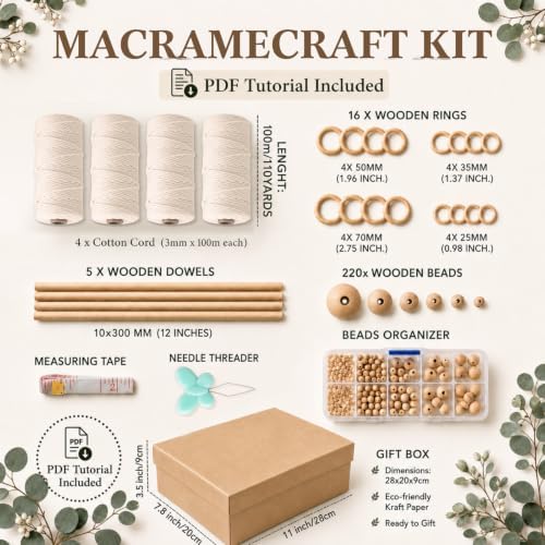 Rivvlive Macrame Kit for Adults Beginners 249 Pcs, 436yd 3mm Cotton Cord Wood Rings Dowels, Beads Needle Threader Gift Box & Digital Instruction Book for Bohemian Decor Craft Projects (Beige) - Image 4