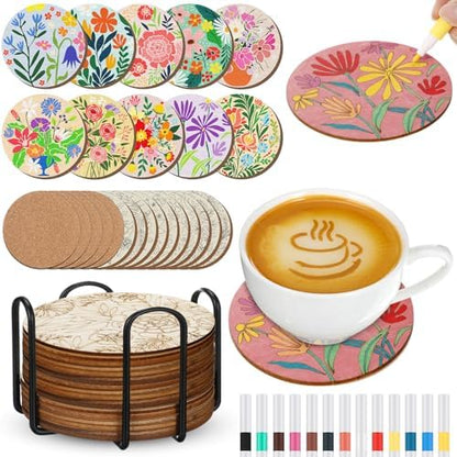 Reallnaive 45 Pcs Wooden Coaster Painting Kit, 10 Boho Flower Coasters by Reallnaive