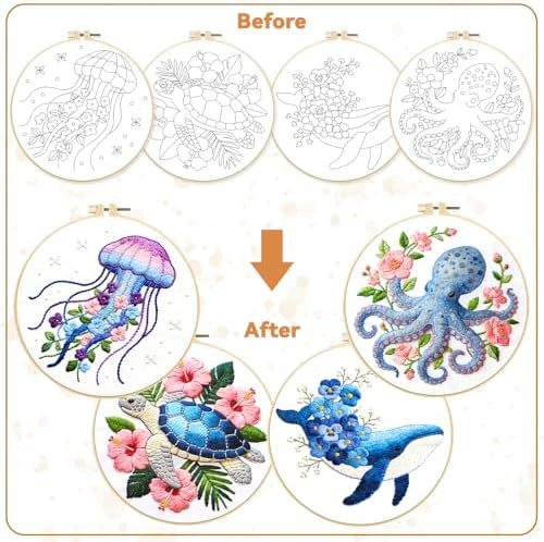 BEUNITONE 4 Pack Beginner Embroidery Kit for Adults, Marine Animals Flowers Pre-Stamped Pattern Needlepoint Kits with Hoops & Instruction, Handmade Embroidery Kits for Fabric and Home Decor 7.9x7.9 - Image 4