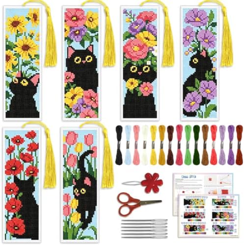 ACRNIGHEET 6PCS Cross Stitch Bookmark Kit for Beginner Stamped Cross Stitch Kits for Adults Cat & Floral DIY Tassel Embroidery Bookmark Kits Needlepoint Kit with Instructions Craft Gift 8.5''x3'' 11CT by ACRNIGHEET