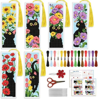 ACRNIGHEET 6PCS Cross Stitch Bookmark Kit for Beginner Stamped Cross Stitch Kits for Adults Cat & Floral DIY Tassel Embroidery Bookmark Kits Needlepoint Kit with Instructions Craft Gift 8.5''x3'' 11CT by ACRNIGHEET