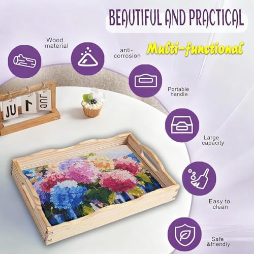 EWJRNSF 5D Diamond Painting Flowers Diamond Art Kits for Adults Wooden Serving Trays with Handles Big Gem Arts and Craft Gifts Trays Decor Gift Home Decor 7.8x11.8 Inches Hydrangea - Image 4