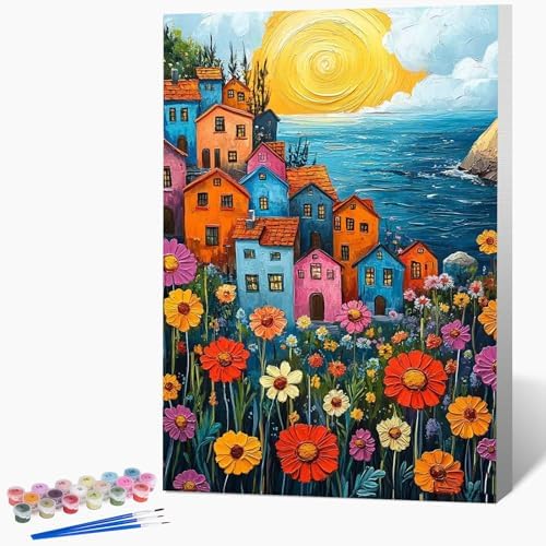 Framed Paint by Numbers Kit for Adults Beginner & Kids Ages 8-12, Landscape Flowers Adult Paint by Number Kits on Canvas with Frame, DIY Number Painting for Adults for Home Decor Gift 8 x 12 Inch by Unknown