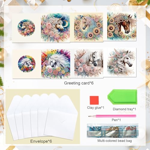 jinglinhh 6pcs Flower Horse Rose Sunflower Diamond Art Painting Greeting Cards with Envelopes, DIY Card Making Kits for Adults, Diamond Art Postcards Holiday Cards Craft Gifts - Image 3