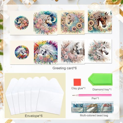 jinglinhh 6pcs Flower Horse Rose Sunflower Diamond Art Painting Greeting Cards with Envelopes, DIY Card Making Kits for Adults, Diamond Art Postcards Holiday Cards Craft Gifts - Image 3