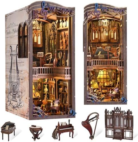 fifijoy Book Nook Kit Music, DIY Miniature House Kit Book Nook, 3D Wooden Puzzle Bookshelf Insert Diorama Kit with Led Light for Teens and Adults (Timeless Melody) by fifijoy