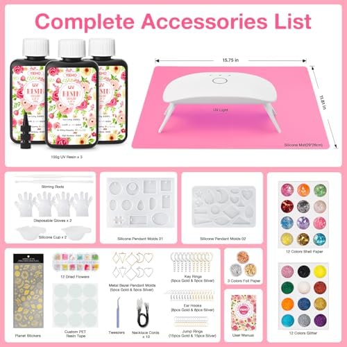 YIEHO 300g UV Resin Kit with Light and Molds, Upgraded Crystal Clear Hard UV Curing Premixed Resin Starter Jewelry Making Kit for DIY Keychain, Earring and Necklace - Image 2