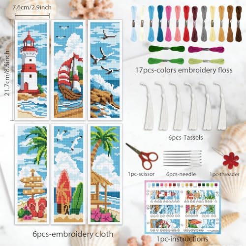 INFUNLY 6 Pack Cross Stitch Bookmark Kit Beach Scenery Stamped Pre-Printed Embroidery Bookmarks for Adults 8.5" x 3" DIY Set with Instructions, Craft Gift for Book Lovers Writers - Image 2