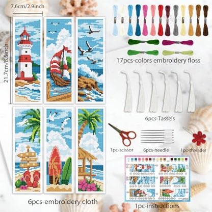 INFUNLY 6 Pack Cross Stitch Bookmark Kit Beach Scenery Stamped Pre-Printed Embroidery Bookmarks for Adults 8.5" x 3" DIY Set with Instructions, Craft Gift for Book Lovers Writers - Image 2