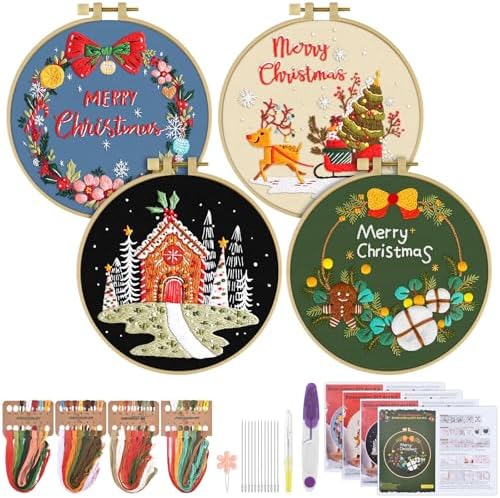 ERKOON 4 Sets Embroidery Kit for Beginners, Christmas Cross Stitch Set with Easy Pattern Embroidery Cloth Hoops Threads for Craft Lover Hand Stitch by ERKOON