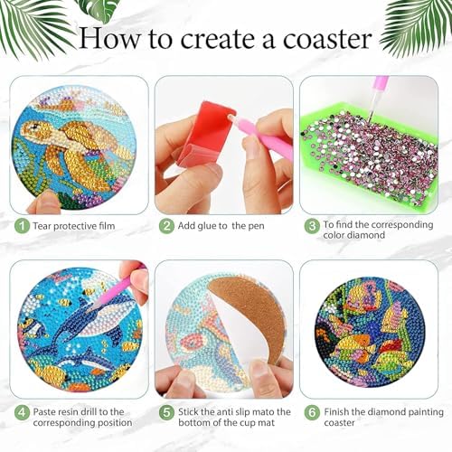 EWJRNSF 6 PCS Ocean Diamond Art Coasters DIY Kit with Holder for Adults - Image 3