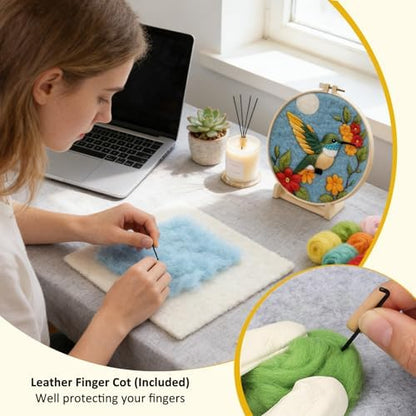 Zovylks Needle Felting Kit for Adults, 7.9 Inch Wool Felt Painting DIY Craft Set for Beginners, Needle Felt Starter Kit with Picture Frame, Foam Pad, Finger Cot (Hummingbird) - Image 5
