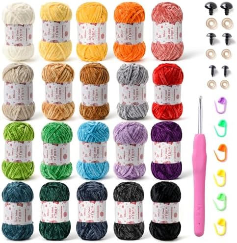 20 Pack Chenille Chunky Yarn - Baby Yarn for Crocheting Soft - White Black Brown Green Red Pink Blue Rainbow Velvet Yarns Crochet Blanket - Amigurumi Yarns Pack with Crochet Accessories B by OMoiut