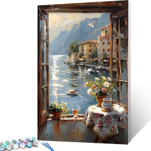 Balcony Paint by Numbers Kit for Adults Sea Paint by Numbers, DIY Acrylic Watercolor Oil Painting Kits for Adults Beginners with Brushes, Hobbies for Women for Home Wall Decor, Gifts 28x38 in E-28 - Image 4