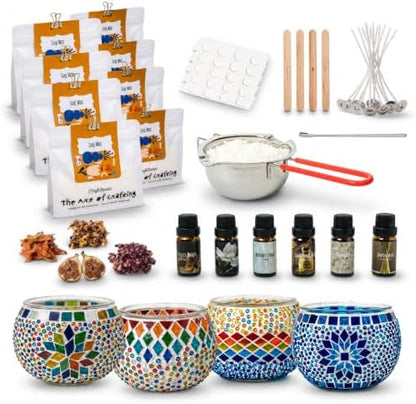 KRAFTSTORIES Candle Making Kit for Adults – DIY Candle Making Set with Natural Soy Wax, Wicks, Essential Oils, Dried Flowers & 4 Turkish Mosaic Glass Jars – Handmade Arts & Crafts Complete Gift (4) by Kraftstories