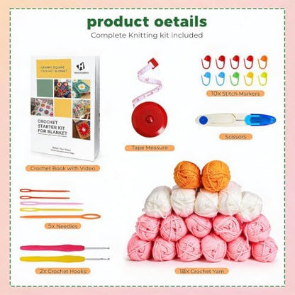 HHSarioneiro Crochet Blanket Kit for Beginners, Easy Granny Square Crochet Kit for Adults,with Step-by-Step Instructions and Clear Videos, Includes Multiple Accessories, Gift for Craft Lovers(Pink) - Image 2