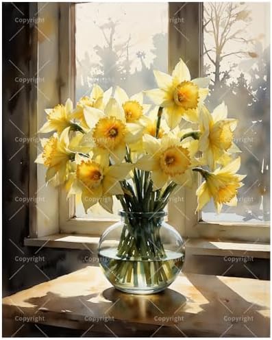 DecorFriday Still Life Paint by Numbers Kit for Adults - DIY Yellow Daffodils in Vase by Window Painting on Canvas, Acrylic Paint Set, Suitable for Beginners, Art for Home or Gift(8X12IN Framed) by Unknown