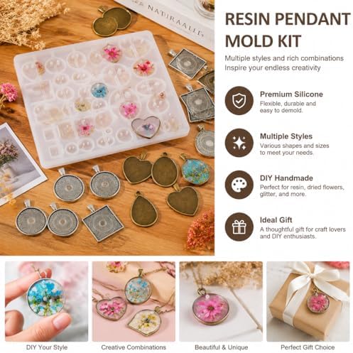 Resin Casting Mold Jewelry Making Kit with 30 Metal Pendant Trays and Silicone Mold, Heart Teardrop Round Oval Square Shapes for DIY Earrings Necklaces Bracelets Crafts Gifts - Image 6