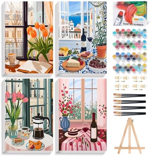4 Pack Paint by Numbers Kit for Adults with Frame, Window Scenery & Flower by Okarina