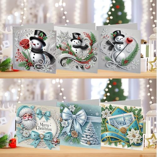 jinglinhh 6pcs Christmas Snowman Red Rose Diamond Art Painting Greeting Cards with Envelopes, DIY Card Making Kits for Adults, Diamond Art Postcards Christmas Cards Craft Gifts - Image 4